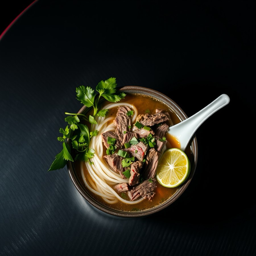 Beef pho with fresh herbs and lime